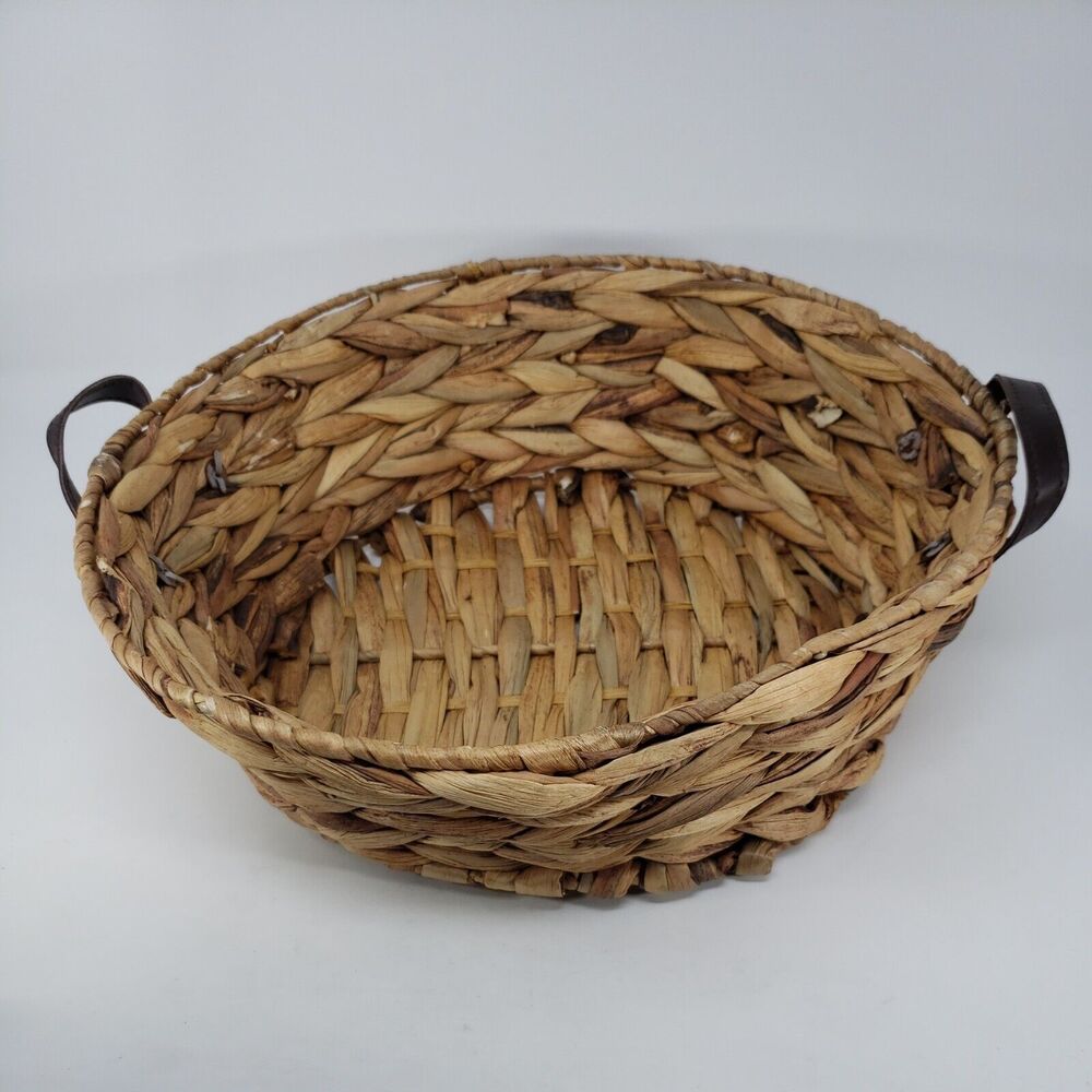 Woven Basket Vintage Rustic Metal Frame Round Riveted Vinyl Handles Pre-Owned